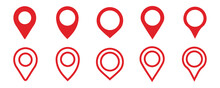 Location Icons Set Red. Modern Map Markers. Vector Illustration Isolated On White Background.