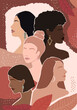 © unona art - Women of different races together on an abstract autumn background with leaves. modern vector flat illustration. isolated by layers. movement to empower women. women support.