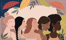 Girls Of Different Races Together On An Abstract Autumn Background With Leaves. Modern Vector Flat Illustration. Isolated By Layers.  For Poster, Postcard, Banner, Magazine Cover. Women Support.
