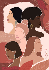 Wall Mural - Women of different races together on an abstract autumn background with leaves. modern vector flat illustration. isolated by layers. movement to empower women. women support.