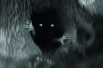Wall Mural - A spooky horror concept of a monster with glowing eyes, hiding in a tree trunk, in a dark spooky forest. With a grunge, blurred, edit.