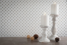 Elegant Candlesticks With Burning Candles On Marble Table. Space For Text