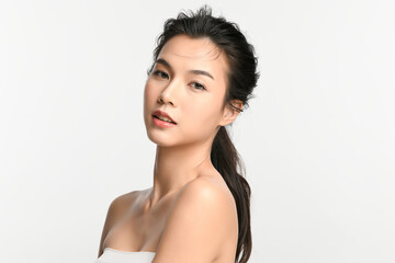 Wall Mural - Beautiful young asian woman with clean fresh skin on white background, Face care, Facial treatment, Cosmetology, beauty and spa, Asian women portrait.