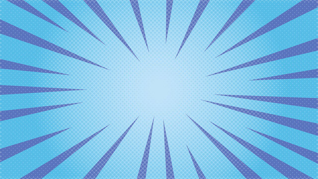 Blue comics style background. Zoom rays focus lines background.
