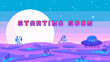 Stream banner with phrase Starting soon. Ufo on alien planet.