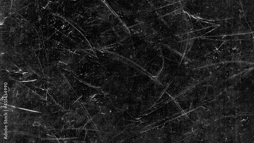 White scratches and dust on black background. Vintage scratched grunge plastic broken screen texture. Scratched glass surface wallpaper. Space for text. - obrazy, fototapety, plakaty 