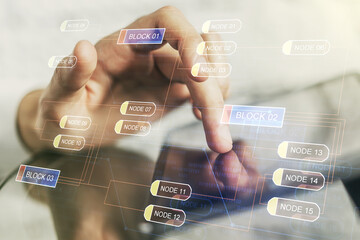 Poster - Multi exposure of abstract software development hologram and finger presses on a digital tablet on background, research and analytics concept