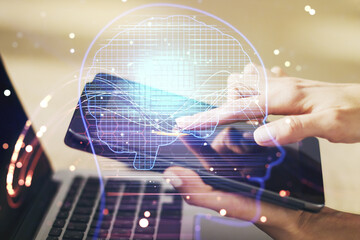 Poster - Double exposure of creative artificial Intelligence symbol with finger clicks on a digital tablet on background. Neural networks and machine learning concept