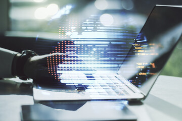 Poster - Multi exposure of abstract programming language hologram with world map and hands typing on computer keyboard on background, artificial intelligence and neural networks concept