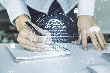 Aufkleber - Multi exposure of abstract fingerprint scan interface with hand writing in notepad on background with laptop, digital access concept