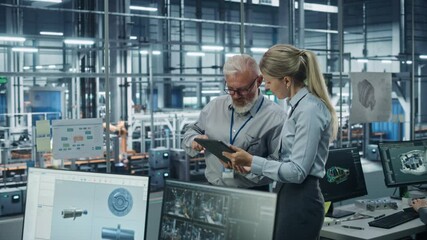 Leinwandbilder - Car Factory Office: Manager Talks with Senior Engineer, Use Tablet Computer to Design Production Conveyor for Advanced Power Engines. Automated Robot Arm Assembly Line Manufacturing Vehicles