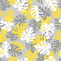 Wall Mural - Illustration of yellow white and gray leaves monstera. Seamless pattern