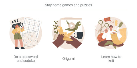 Poster - Stay home games and puzzles abstract concept vector illustration set. Do crossword and sudoku, origami, learn how to knit, self-isolation time spending, quarantine leasure activity abstract metaphor.