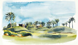 Fototapeta  - Oasis in Morocco. Sketch from architecture. Watercolor hand drawn illustration