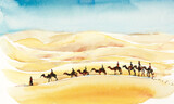 Fototapeta  - Caravan camels in the desert Morocco. Watercolor hand drawn illustration