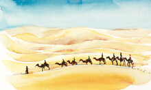 Caravan Camels In The Desert Morocco. Watercolor Hand Drawn Illustration