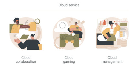Poster - Cloud service abstract concept vector illustration set. Cloud collaboration, online gaming platform, system management, data storage, video and file streaming, remote business abstract metaphor.
