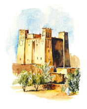 Old Stone Fortress In The Desert Morocco. Sketch From Architecture. Watercolor Hand Drawn Illustration