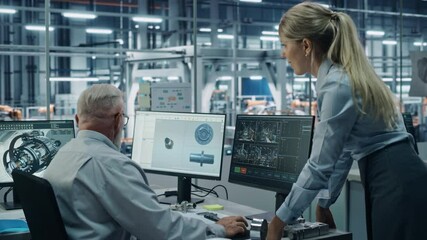 Fototapete - Car Factory Office: Female Project Manager Talks to Male Chief Automotive Engineer Working on Computer. Monitoring, Control, Equipment Design. Automated Robot Arm Assembly Line Manufacturing Vehicles