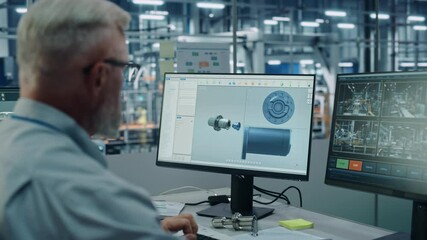 Poster - Car Factory Office: Male Chief Automotive Engineer Sitting at His Desk Working on Computer. Monitoring, Control, Equipment Design. Automated Robot Arm Assembly Line Manufacturing Vehicles