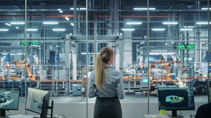 Leinwandbilder - Car Factory Office: Successful Female Chief Engineer Overlooking Automated Robot Arm Assembly Line Manufacturing Advanced High-Tech Electric Vehicles. Production Conveyor. Back View Shot