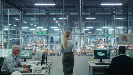 Poster - Car Factory Office: Successful Female Chief Engineer Overlooking Factory Production Conveyor. Automated Robot Arm Assembly Line Manufacturing Advanced High-Tech Electric Vehicles. Back View Shot