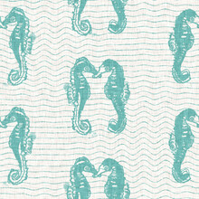 Aegean Teal Seahorse Linen Nautical Texture Background. Summer Coastal Living Style Swatches. Under The Sea Life  Swimming Sea Horse Material.  2 Tone Blue Dyed Textile Seamless Pattern.