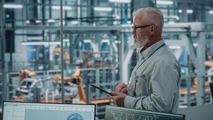Aufkleber - Car Factory Office: Portrait of Senior White Male Chief Engineer Using Tablet Computer in Automated Robot Arm Assembly Line Manufacturing High-Tech Electric Vehicles. Arc Side Medium Shot