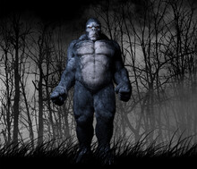 3d Illustration Of A Bigfoot Creature Standing Against A Foggy Forest Background