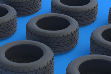 Rows of car tyres on blue background. Automotive parts. Traffic safety. Automobile service. Buying, selling of tires. Pattern. 3d render