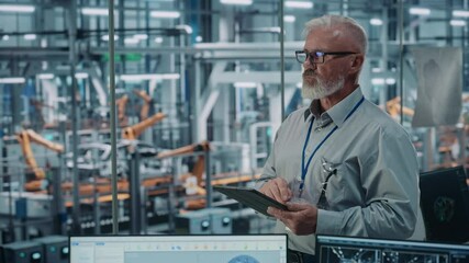 Aufkleber - Car Factory Office: Portrait of Senior White Male Chief Engineer Using Tablet Computer in Automated Robot Arm Assembly Line Manufacturing High-Tech Electric Vehicles. Static Medium Shot