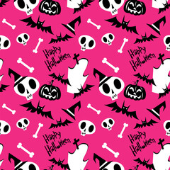 Wall Mural - Vector cute halloween pattern with pumpkin, ghost, headstone, skeleton, witch hat on pink background for fabrics, paper, textile, gift wrap