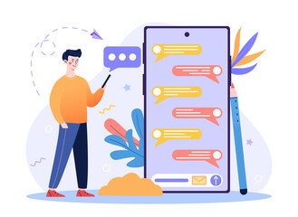 Poster - Person chatting smartphone. He sends messages to his friends online. Corresponds with colleagues through a special application. Concept of chatting. Vector illustration isolated on a white background