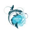 Vector fishing logo with fish and fisherman with a fishing rod. Jumping salmon and water splash illustration