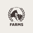 family farms - logo design with horse, cow surrounded by wheat wreath.