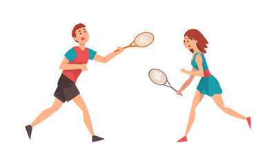 Canvas Print - Man and Woman Playing Tennis as Racket Sport on Court Vector Set