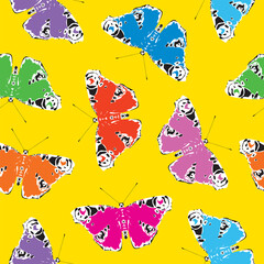 Poster - Seamless pattern with multicolored peacock eye butterflies on a yellow backdrop. Bright vector background with beautiful stylized butterflies. Suitable for Wallpaper, wrapping paper or textiles