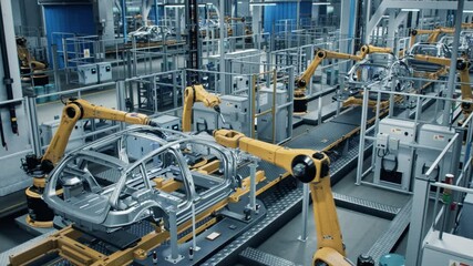 Aufkleber - Car Factory 3D Concept: Automated Robot Arm Assembly Line Manufacturing High-Tech Green Energy Electric Vehicles. Construction, Building, Welding Industrial Production Conveyor. Elevated Wide Shot
