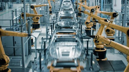 Poster - Car Factory 3D Concept: Automated Robot Arm Assembly Line Manufacturing High-Tech Green Energy Electric Vehicles. Automatic Construction, Welding Industrial Production Conveyor. Front View Time-Lapse
