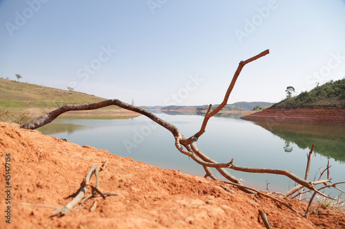 View of the dam in low water level water crisis.