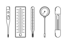 Thermometer Icons Set. Image Of An Electronic And Mercury Thermometer To Measure The Temperature Of The Body, Surface And Environment. Vector.