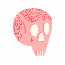 Vector Illustration For Halloween With A Pink Skull And A Tattoo On The Head On A White Background. Illustration For T-shirts, Posters, Posters, Holidays.