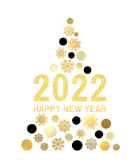 Wall Mural - Happy New Year 2022 gold glittering greeting card on white background. Vintage abstract banner with tree circles snowflakes. Christmas holiday celebration decoration design. Golden vector illustration