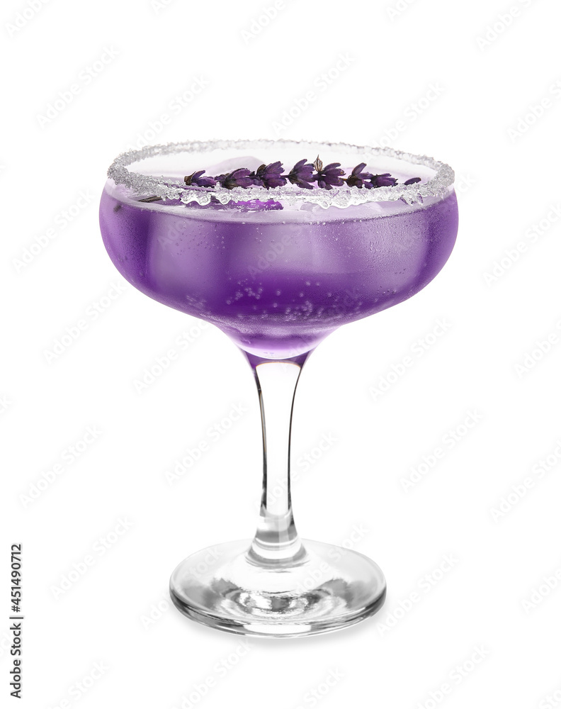 Glass of fresh cocktail with lavender on white background