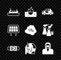 Poster - Set Oil tanker ship, Iceberg, Car, Medical protective mask, Global warming, Face, Solar energy panel and CO2 emissions cloud icon. Vector