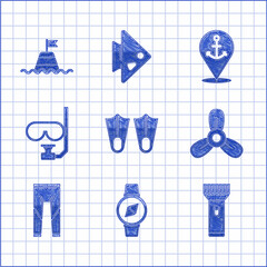 Wall Mural - Set Rubber flippers, Compass, Flashlight, Boat propeller, turbine, Wetsuit, Diving mask and snorkel, Location with anchor and Floating buoy the sea icon. Vector