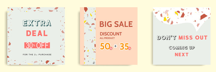 Wall Mural - Set collection of colorful social media post sale discount promotion template ad banner. With terrazzo seamless pattern, modern minimalistic trendy abstract background