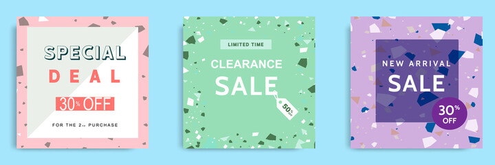 Wall Mural - Set collection of colorful social media post sale discount promotion template ad banner. With terrazzo seamless pattern, modern minimalistic trendy abstract background