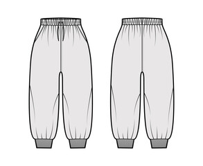 Shorts Sweatpants technical fashion illustration with elastic cuffs, normal waist, rise, drawstrings, calf length. Flat joggers trousers apparel template front, back, grey color. Women men CAD mockup