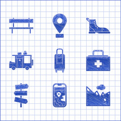 Wall Mural - Set Suitcase, City map navigation, Mountains, First aid kit, Road traffic signpost, Rv Camping trailer, Hiking boot and Bench icon. Vector